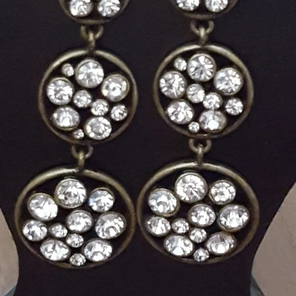 Antique Brass Tiered‎ Rhinestone Circle Drop Earrings Dangle Y2K